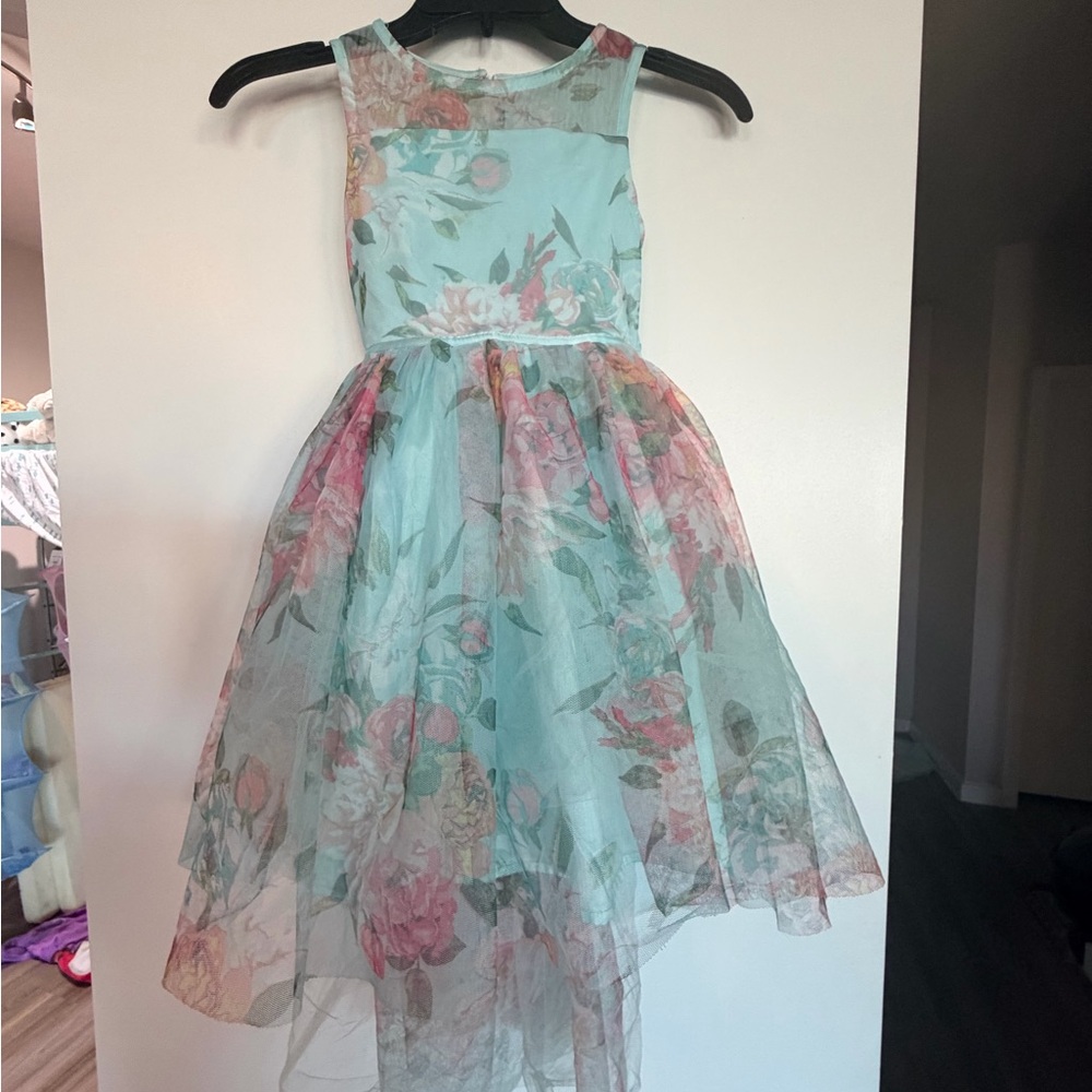 Zunie Aqua Floral Tulle Party Dress with Pink Blooms